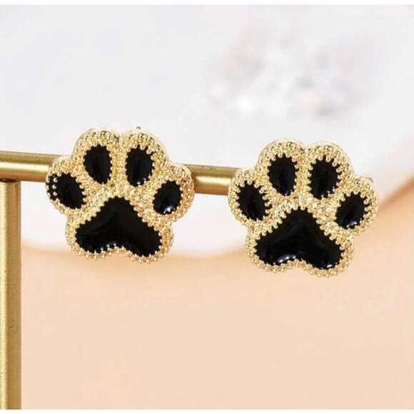 Black Enamel and Gold Paw Stud Earrings - Picture 1 of 2